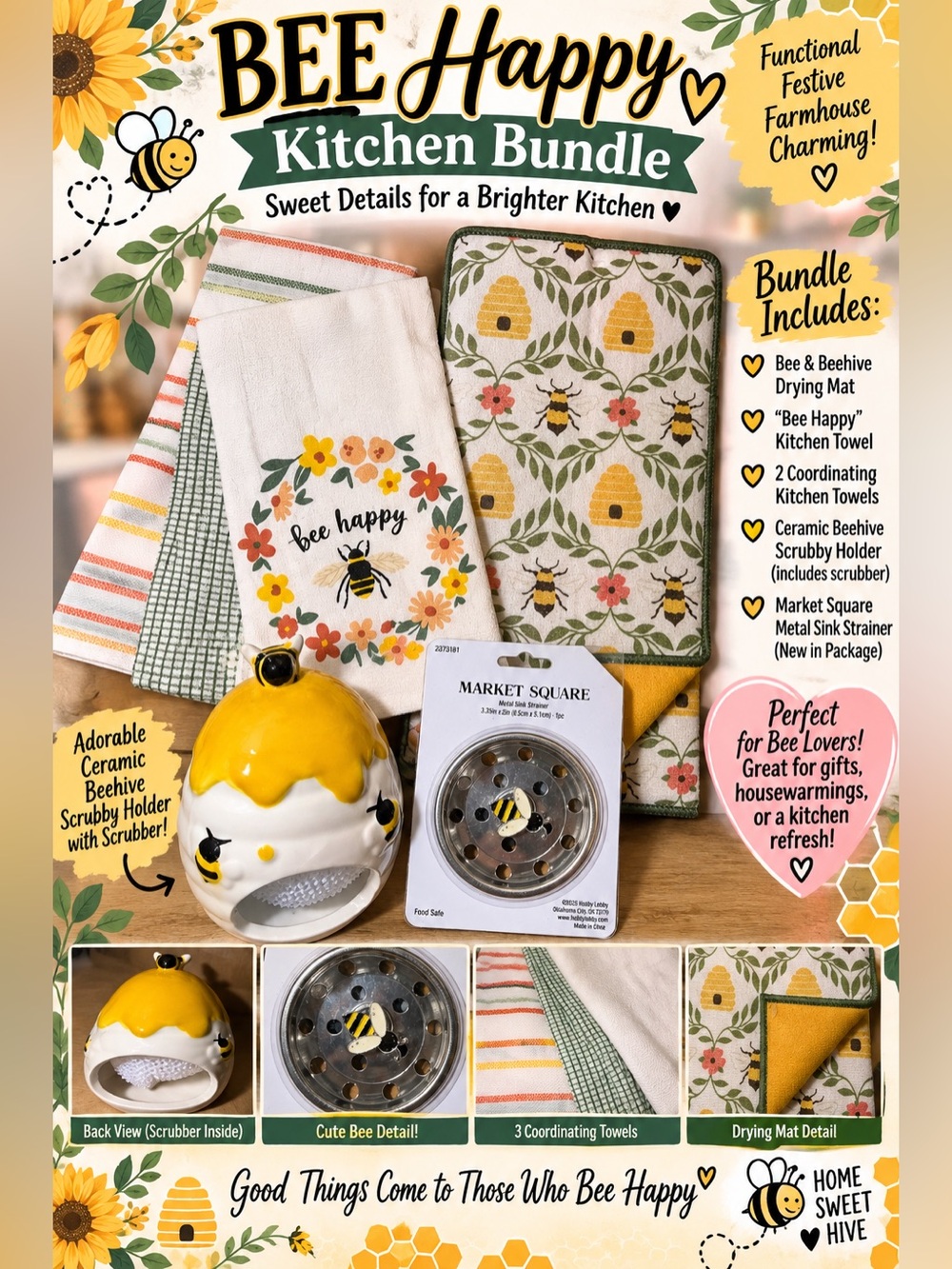 Bee Kitchen Decor Bundle Towels Drying Mat Scrubby Holder Sink Strainer Honeybee